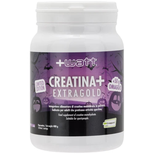 Creatina+ Extra Gold in polvere +Watt, confezione bianca con etichetta viola da 400 g