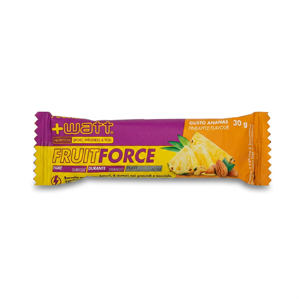 Barretta +Watt Fruit Force gusto ananas da 30 g su sfondo bianco