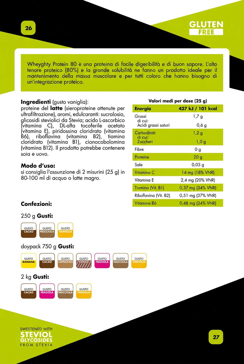 Scheda Wheyghty Protein 80 con ingredienti valori nutrizionali formati e gusti