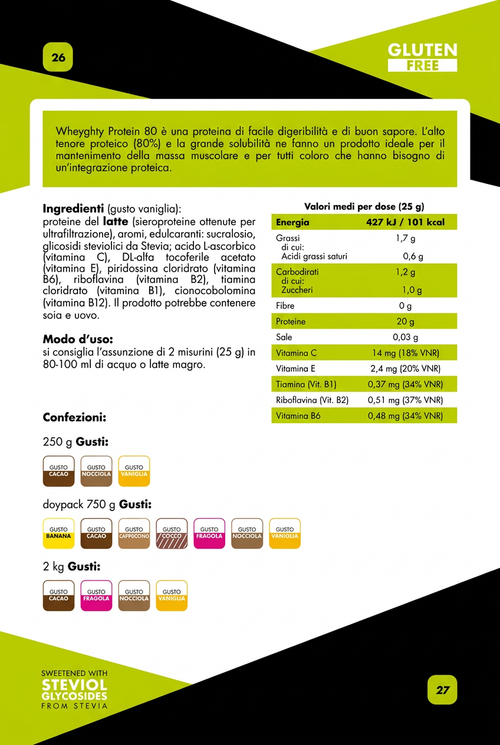 Scheda Wheyghty Protein 80 con ingredienti valori nutrizionali formati e gusti