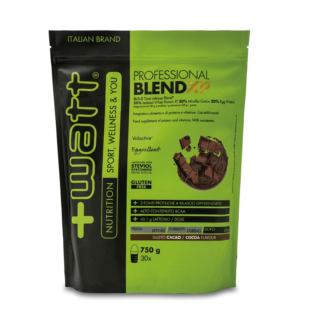 +Watt Professional Blend XP cacao, doypack da 750 g su sfondo bianco