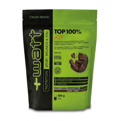 +Watt TOP 100% XP cacao 250 g su sfondo bianco
