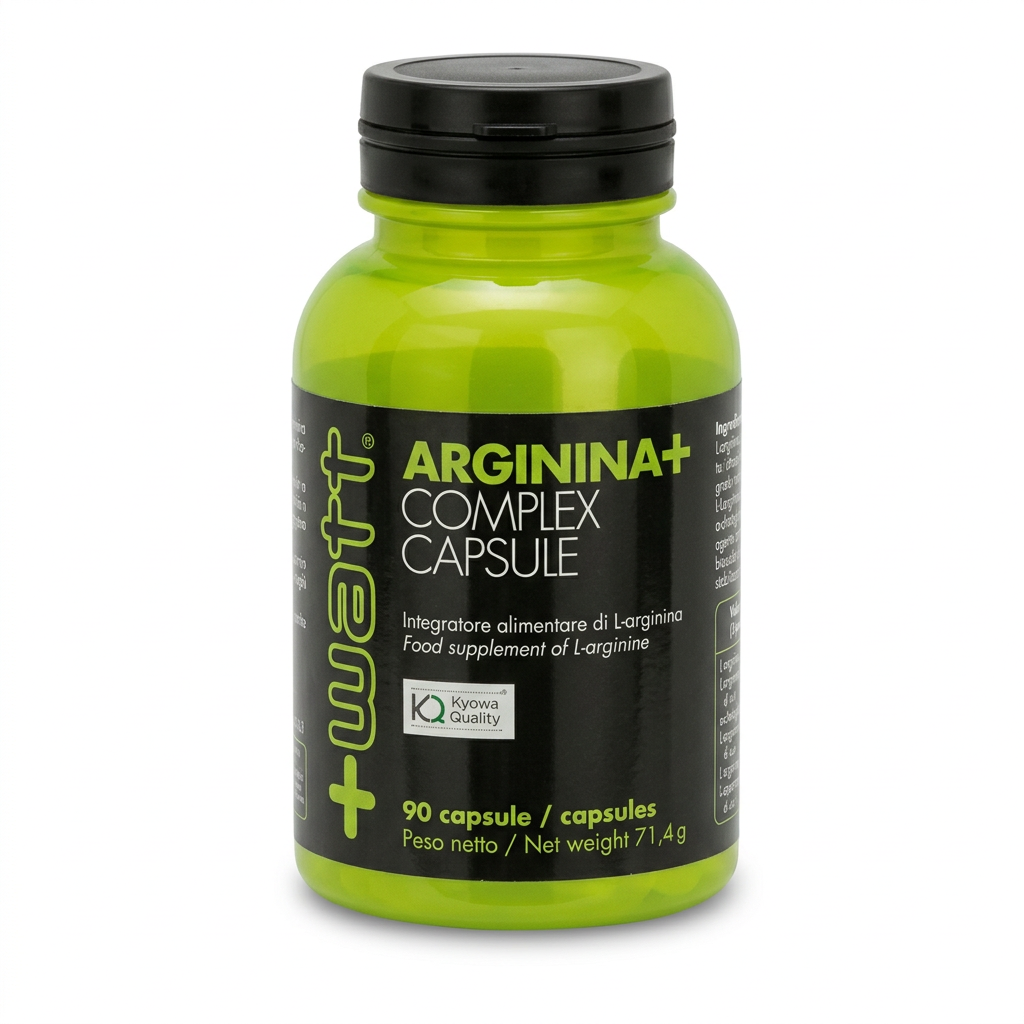 +Watt Arginina+ Complex Capsule, flacone da 90 capsule su fondo bianco