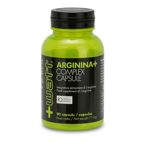+Watt Arginina+ Complex Capsule, flacone da 90 capsule su fondo bianco
