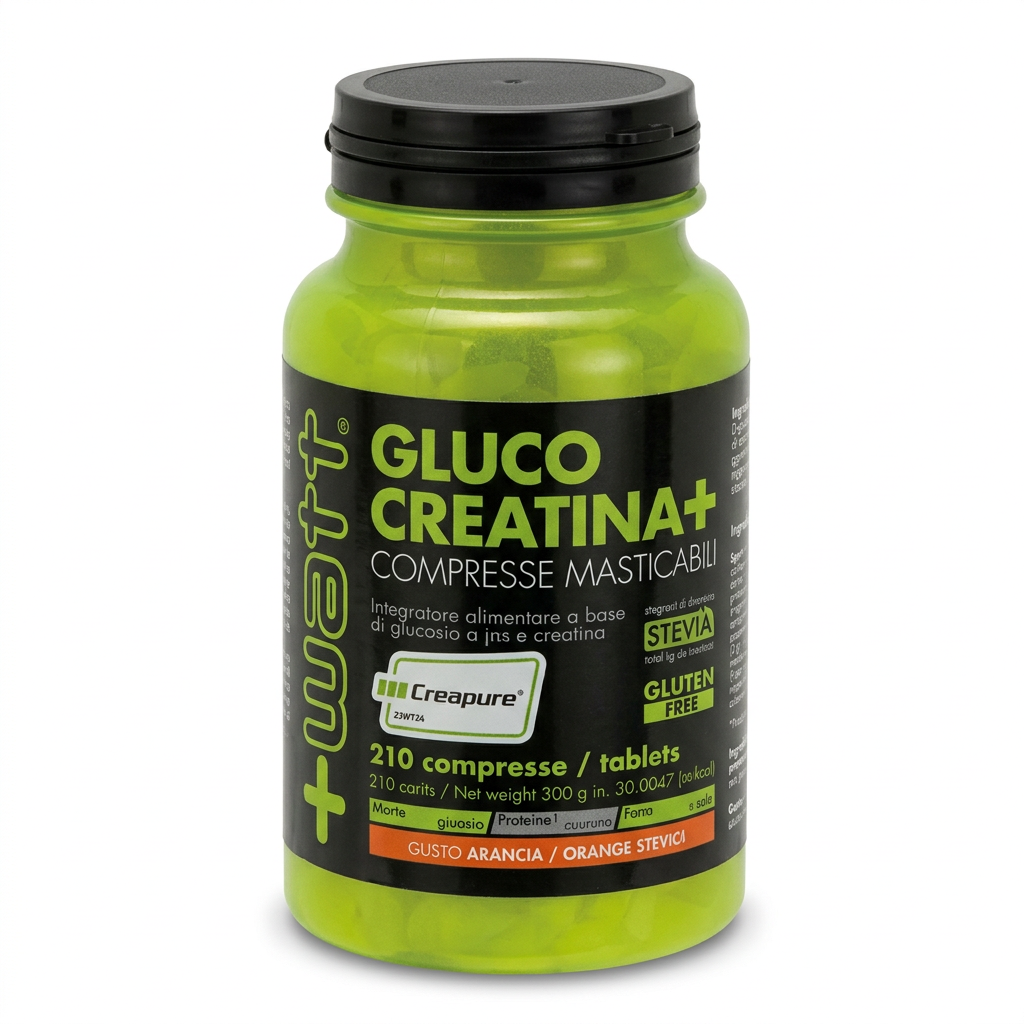 Barattolo +Watt Gluco Creatina+ gusto arancia su sfondo bianco