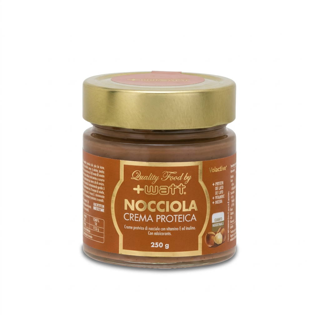 Crema proteica nocciola +Watt 250 g su sfondo bianco