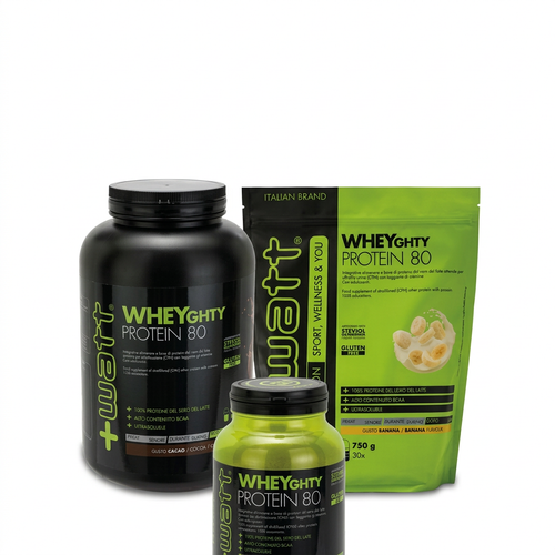 Confezioni +Watt Wheyghty Protein 80 su sfondo bianco